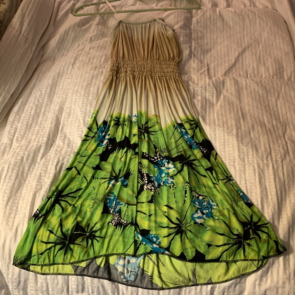 Strapless green and beige floral summer dress